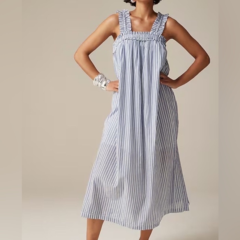 J.Crew Women’s Cotton voile ruffle-trim Lined dress striped pockets size XXL